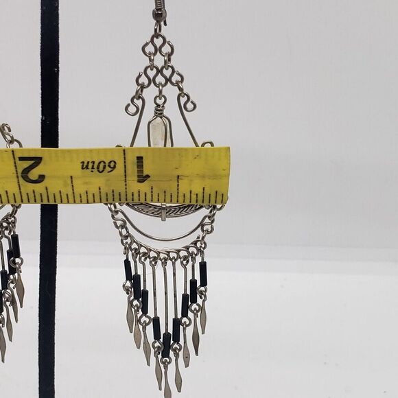 Vtg Silver Clear Quartz & Onyx Beads Handmade Boho Dangle Drop Earrings - Picture 8 of 9